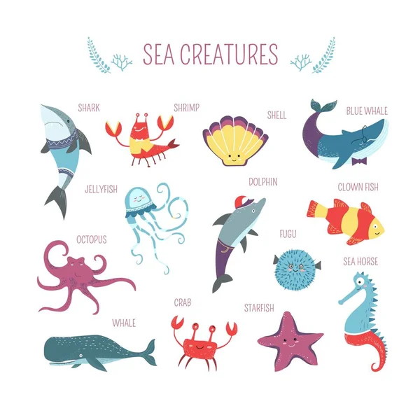 Θαλάσσια Ζώα Κινούμενα Σχέδια Και Ψάρια Πλάσματα Για Παιδιά Σχεδιασμό — Διανυσματικό Αρχείο