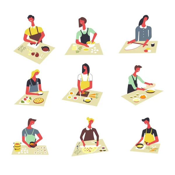 Femmes Cuisiner Aux Tables Cuisine Faire Pizza Soupe Couper Les — Image vectorielle