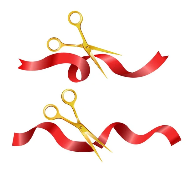 Scissors Cutting Red Long Ribbon Set — Stock Vector