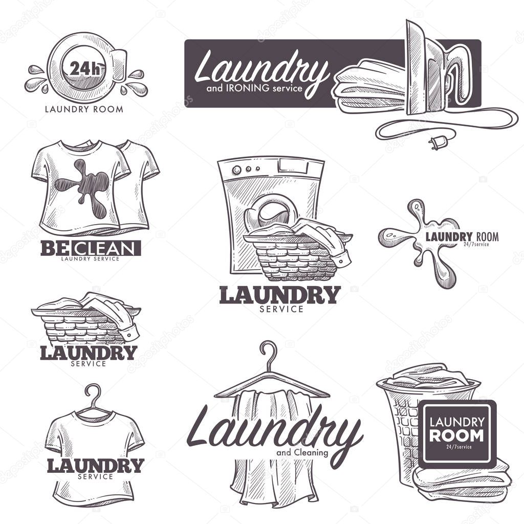 Laundry service logo sketch retro set.