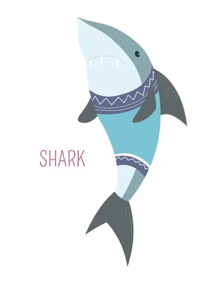 穿毛衣的鲨鱼 幼稚的卡通书人物 — 图库矢量图片