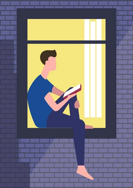 男は窓の上に座って ぶら下がって足で本を読んで — ストックベクタ