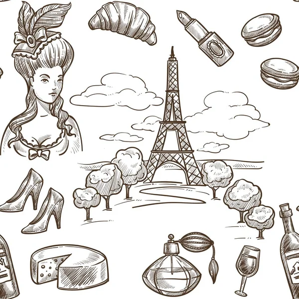 Design Paris Tour Eiffel Fromage Vin Baguette Coiffure Femme Française — Image vectorielle