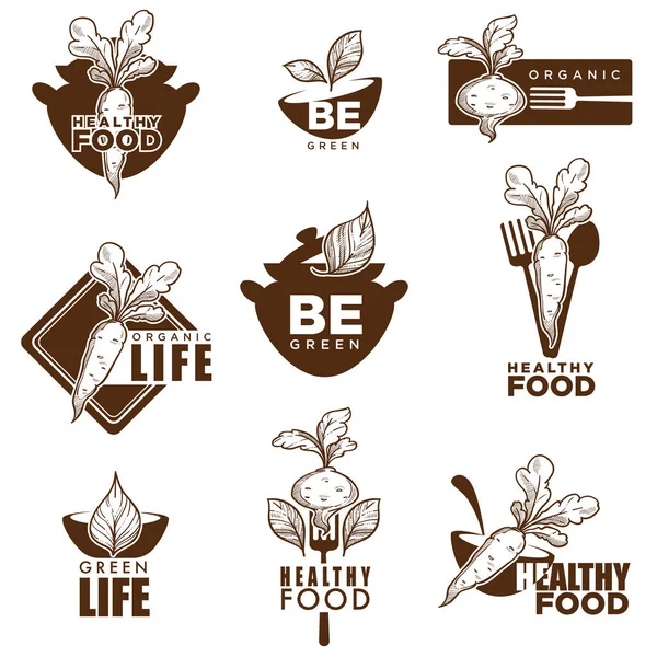 Organic Healthy Food Logos Vegetarian Cafe Vegan Restaurant Menu — Stock Vector