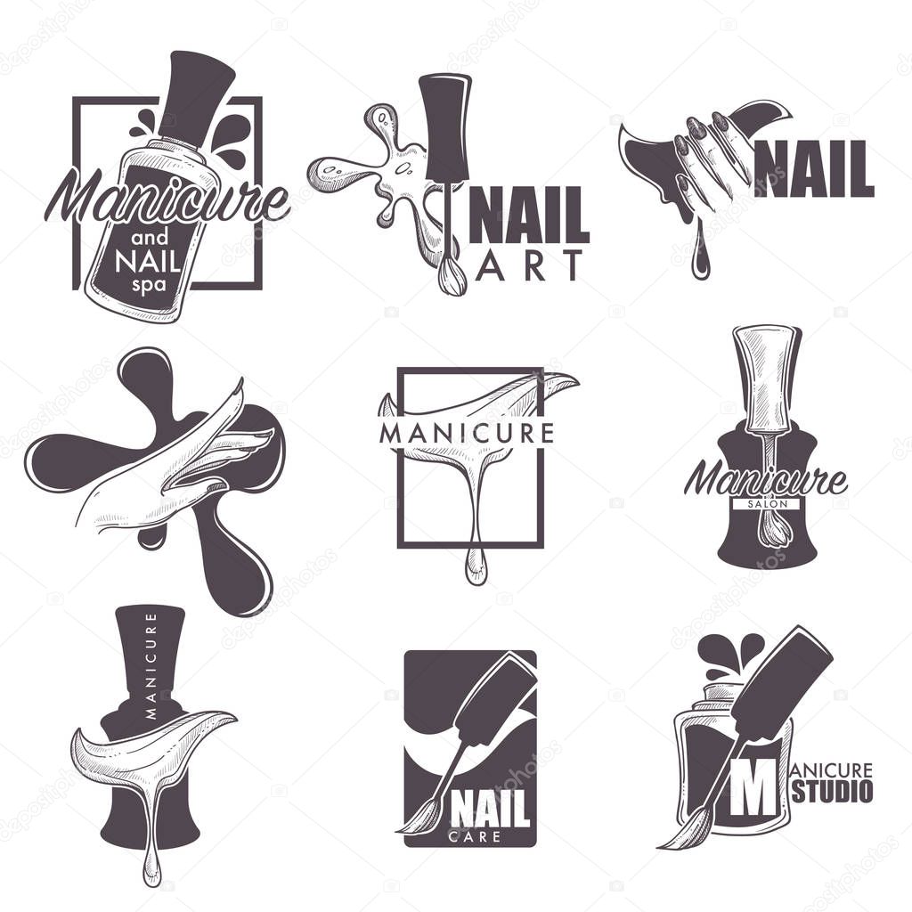 Manicure salon and nails spa studio logos sketch templates