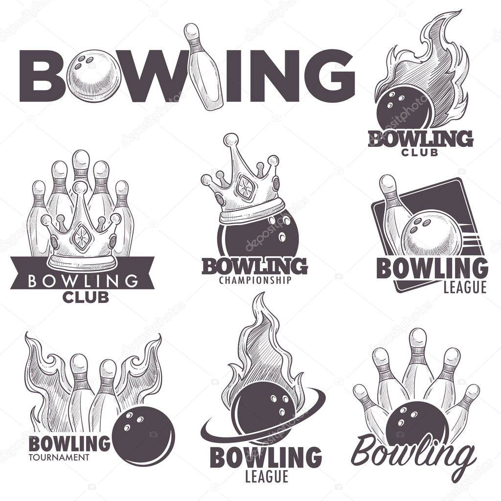 Retro sketches for bowling club or sport league championship
