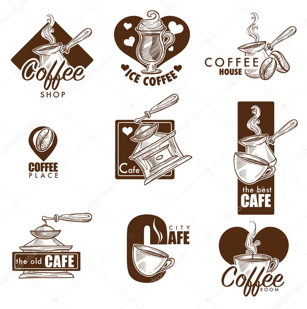 Cafe and coffeehouse logos sketch templates