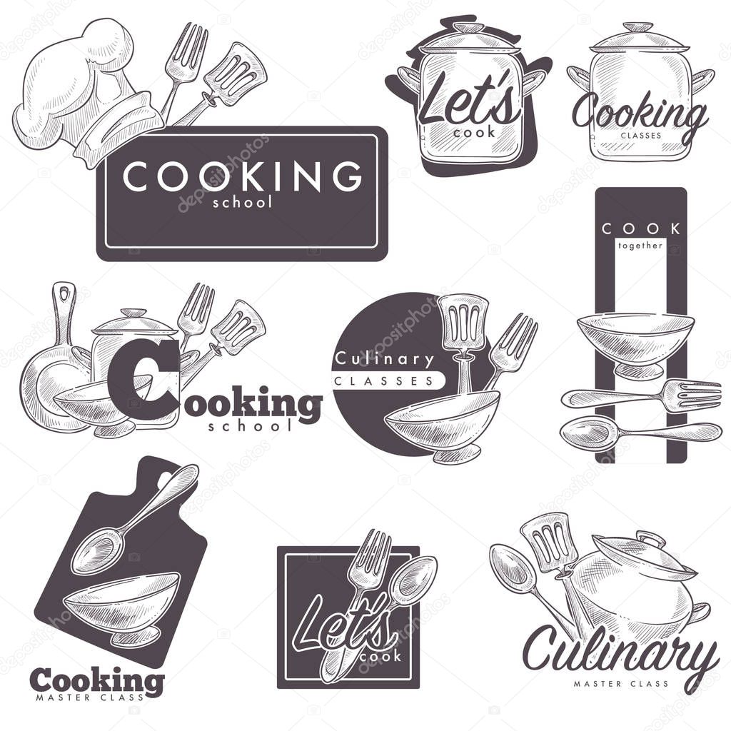 Cooking school logos sketch template for culinary or chef masterclass