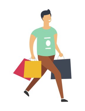Adam alışveriş üzerinde tam sayfa paketleri ile yürür. Adam mal ve giysileri ile çanta taşır. Tişört ve pantolon butikler ve mağazaların alımları ile erkek karakter vektör illüstrasyon izole.