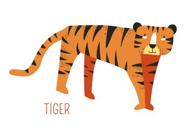 Tiger orman üzerinden kitap çocukça karakter karikatür. Çocuklar için peri masalı resimden rainforest dan vahşi hayvan. Predator çizgileri ve specieas adı izole işareti düz vektör çizim.