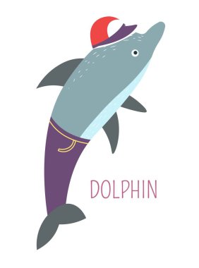 Yunus kot pantolon ve kap çocukça kitap çizgi film karakteri. Su karikatür içinde yaşayan memeli. Deniz hayvan giysili masal ve hikayeler çocuklar izole vektör çizim için insanlaşmış.