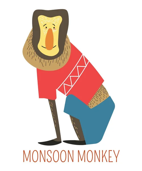 Singe Mousson Dessin Animé Drôle Vêtements Mignons Vecteur Asie Sud — Image vectorielle