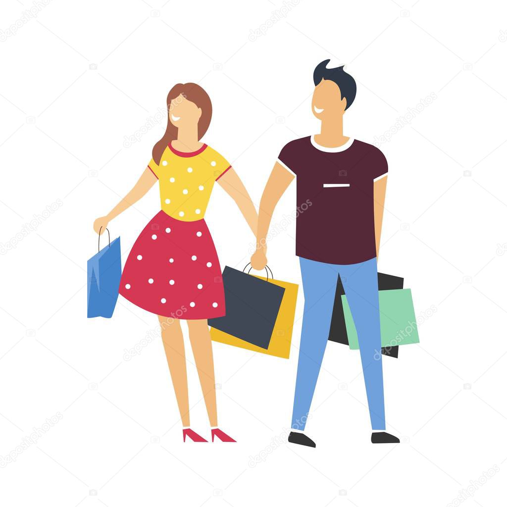 Couple on shopping with bags full of purchases. Man and woman in polka-dot dress walk with packs from shops and stores. Boyfriend and girlfriend with purchases isolated cartoon vector illustration.