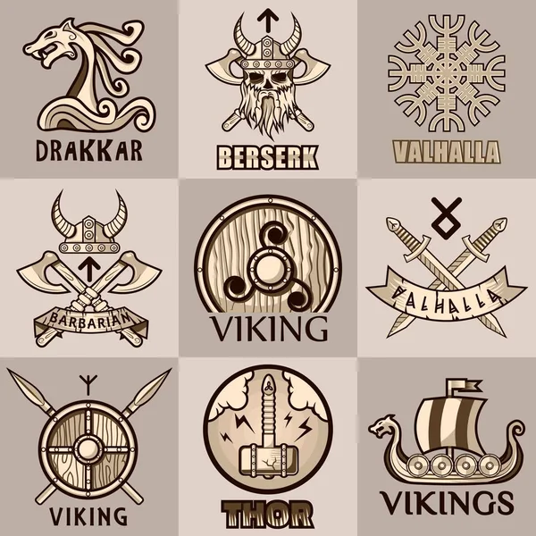 Símbolos da mitologia viking e ícones vetoriais — Vetor de Stock