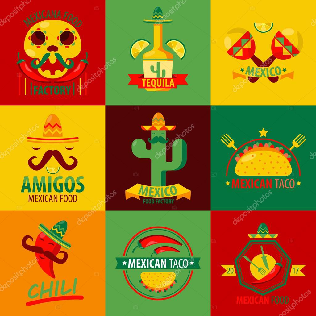 Mexican cuisine restaurant or fast food cafe logo templates. Vector cartoon icons of Mexico tacos, chili pepper and cactus with mustaches or skull and tequila for bar