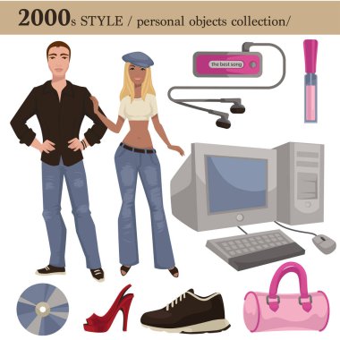 2000 fashion style of man and woman clothes garments and personal objects collection. Vector dress or suit with shoes, wearable accessories and electronic devices or appliances clipart