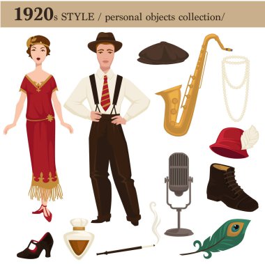 1920 moda stil erkek ve kadın giyim konfeksiyon ve kişisel nesneleri koleksiyonu. Vektör elbise ya da takım elbise ayakkabı, caz veya kabare müzik saksafon veya şapka ve giyilebilir aksesuarları