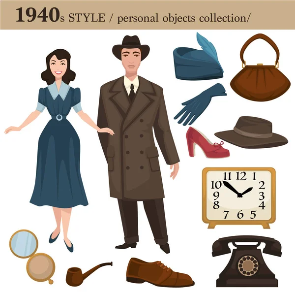 1940时尚风格的男女服装服装及个人物品的收藏 矢量复古礼服或西装 帽子和耐磨配件 — 图库矢量图片