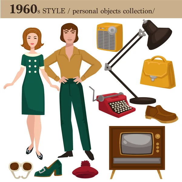 1960 Stile Moda Uomo Donna Vestiti Indumenti Collezione Oggetti Personali — Vettoriale Stock