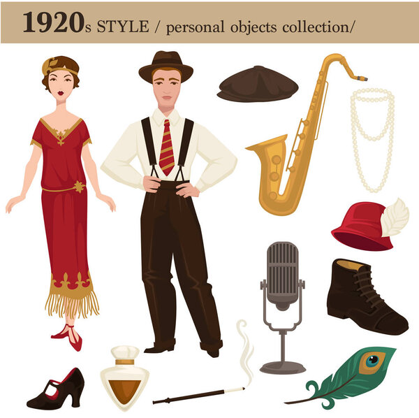 1920 fashion style of man and woman clothes garments and personal objects collection. Vector dress or suit with shoes, jazz or cabaret music saxophone or hats and wearable accessories