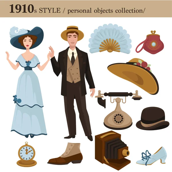 1910时尚风格的男女服装服装及个人物品的收藏 耐磨配件或电子设备的矢量连衣裙或套装 — 图库矢量图片
