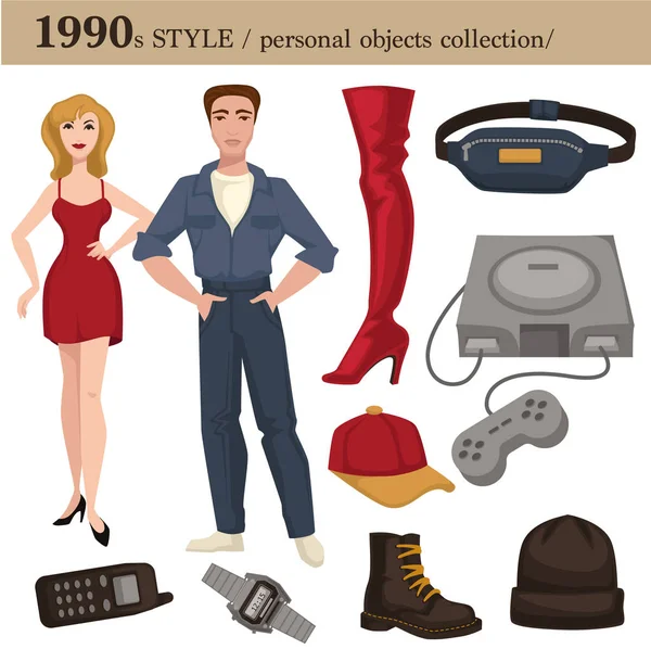 1990 Estilo Moda Hombre Mujer Prendas Vestir Objetos Personales Colección — Archivo Imágenes Vectoriales