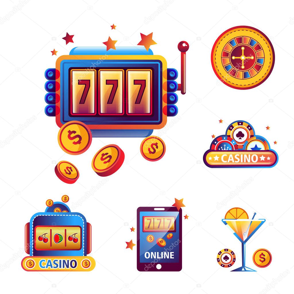 Casino poker logo templates of playing cards, gambling dice or chips and jackpot roulette lucky 7 numbers. Vector golden coin icons for online internet gambling bets and web casino advertising