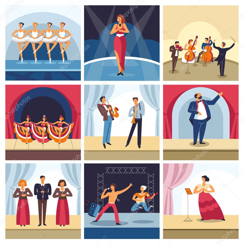 Music concert stage with opera or theater singers and musicians. Vector man play saxophone and guitar on rock concert, woman sing and dance in cabaret or ballet