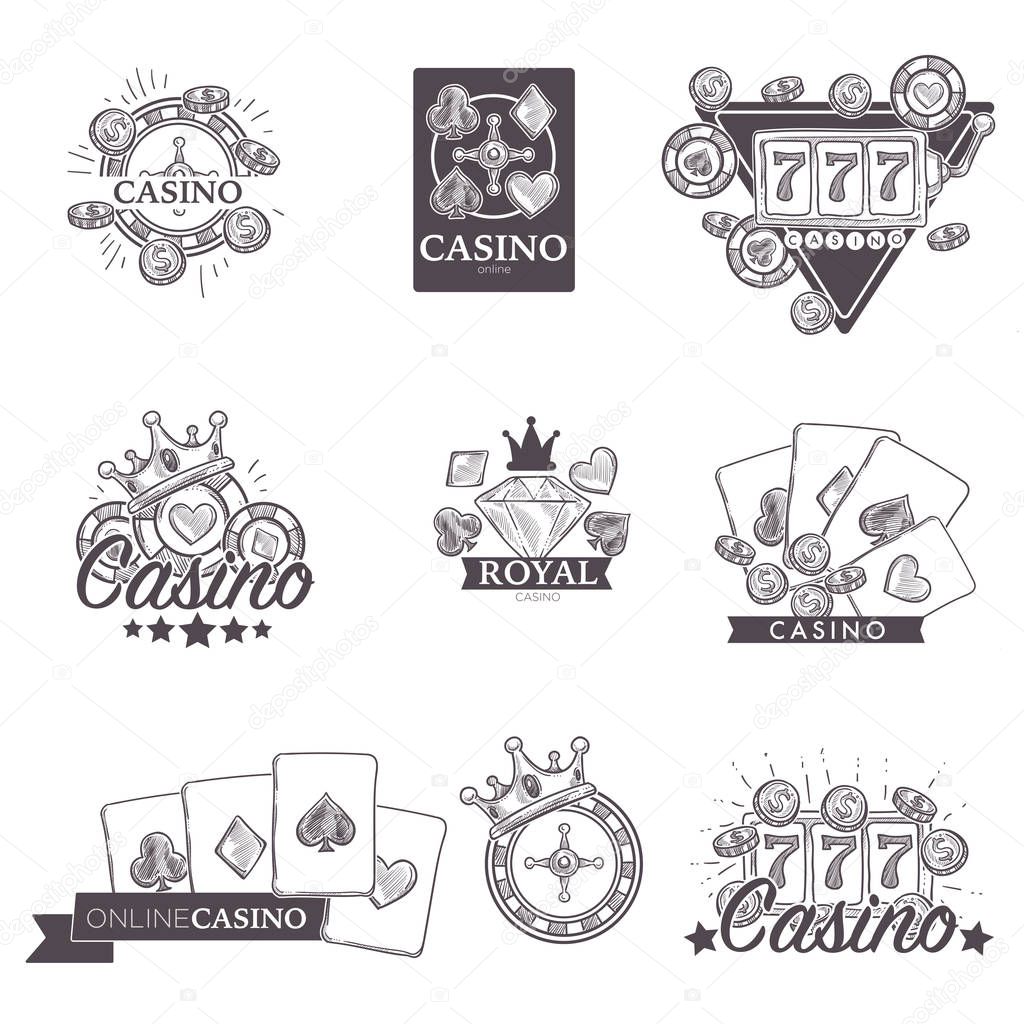 Casino poker logo sketch set of cards, gambling dice or poker chips on jackpot roulette lucky 7 numbers. Vector icons for royal gamble club or online bets