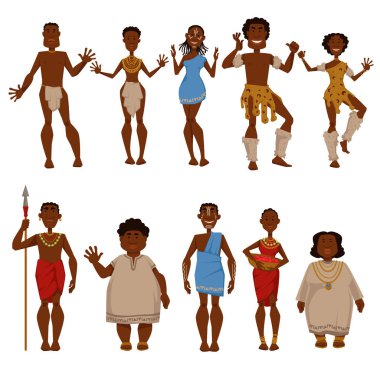 Afrika yerli kabile insanlar Afrika Ulusal veya geleneksel giyim, takı veya Şef silah ve kabile süs boyama yüz karakter vektör
