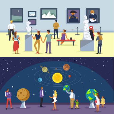 İnsanlar Sanat Galerisi veya alan astronomi sergi Müzesi'nde. Vektör aile ile Çocuk Müzesi'nde seyir sanatçı resimleri ve galaksi gezegenler sergiler
