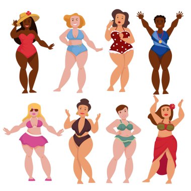 Dolgun kadınlar çizgi film karakterleri. Vektör Afro-Amerikan kadın plaj bikini mayo veya Spor madalya ödülü ve Tahiti ya da Hawaii kız elbiseli PIN