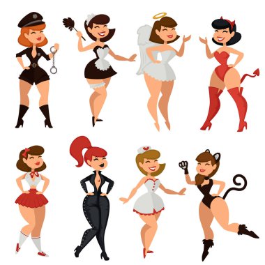 Kadın striptiz ya da fetiş kostümleri veya seksi kıyafetler. Vektör çizgi film şeridi kız yetişkin oyunları için Bdsm deri, şeytan ya da açı ve kadın polis, kedi ve hizmetçilik ya da okul kostüm