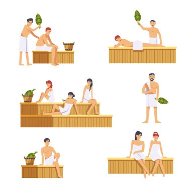 İnsanlar sauna erkek ve kadın karakter. Buhar odası, havlu ve banyo süpürge banya Spa çamaşır yordamı için vektör simgeler veya Rusça veya Fince