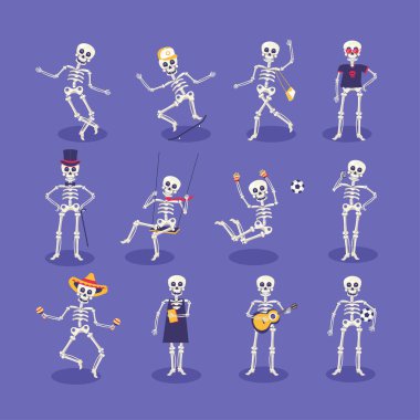 İskeletler karakter karikatür. Dia de los Muertos kadın iskeleti tatil tasarımı elbise, kafatası tişört ya da iskambil futbol ve gitar ile komik çocuk veya Marakas sombrero içinde dans Meksika vektör