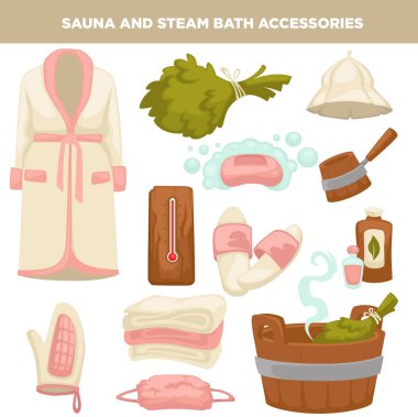 Equipment and clothes for bathhouse in pink color. Warm robe, special hat, soft towers, fresh broom, aroma soap, wooden basin and convenient sponges isolated cartoon flat vector illustrations set.