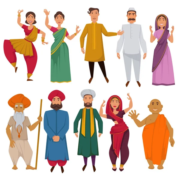 Ινδική Άνθρωποι Στα Κοστούμια Παραδοσιακά Ινδικά Ρούχα Διάνυσμα Χαρακτήρες Κινουμένων — Διανυσματικό Αρχείο