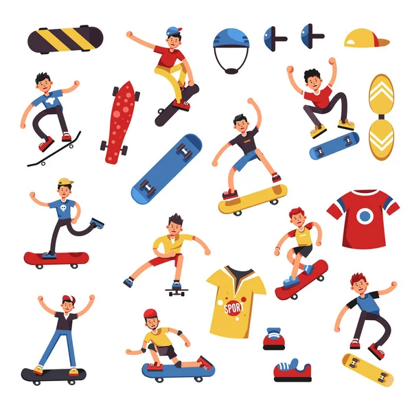スケートボーダーの少年やスタント ジャンプで十代の子供 ベクトル漫画スケート ボード装置安全ヘルメットおよび膝パッドやスポーツ シャツ — ストックベクタ