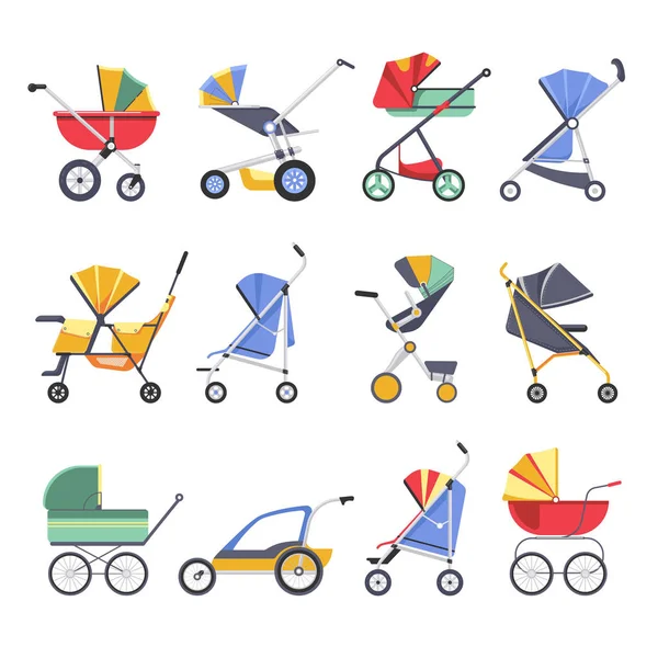 Babakocsi Vagy Baby Babakocsi Különböző Típusok Vektoros Ikonok Újszülött Buggy — Stock Vector