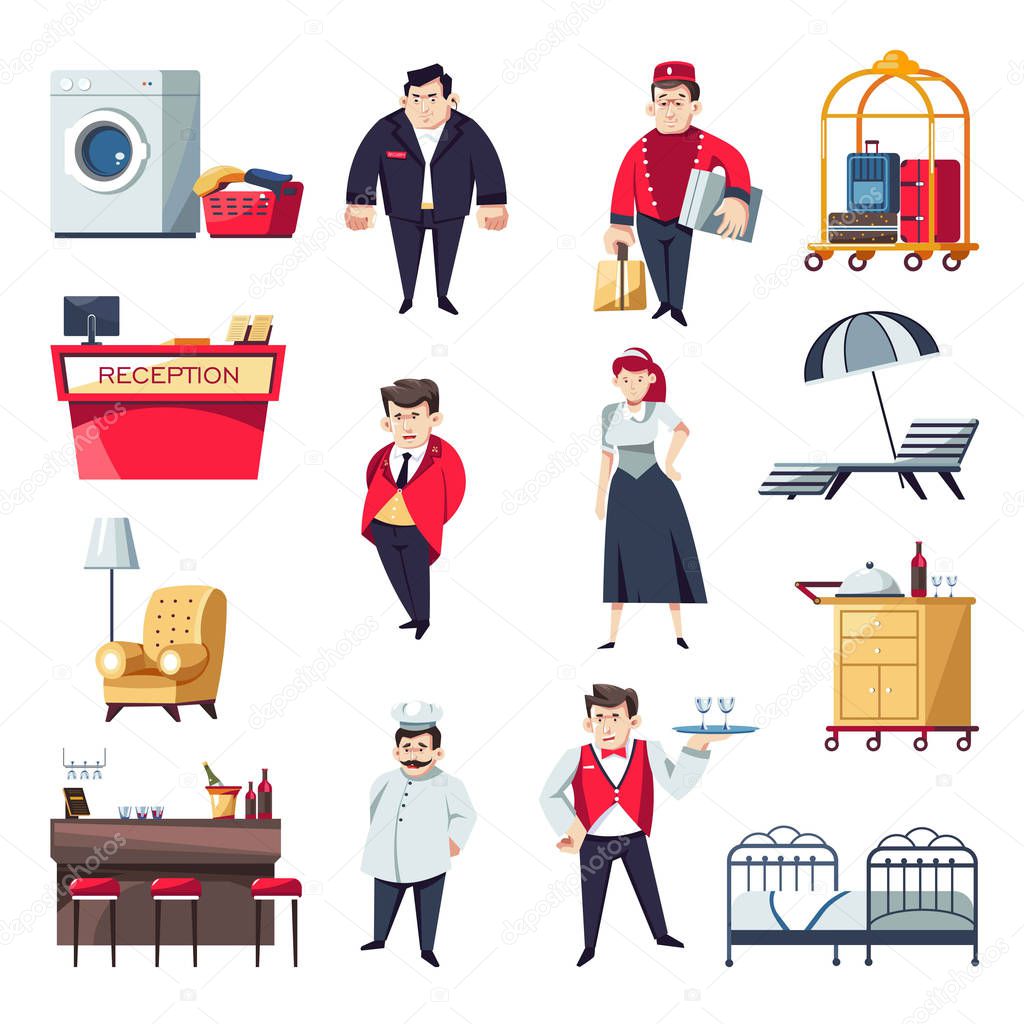 Hotel service personnel and interior furniture. Vector cartoon characters of security man, bellboy with luggage carriage, receptionist or parlormaid woman and chef with waiter
