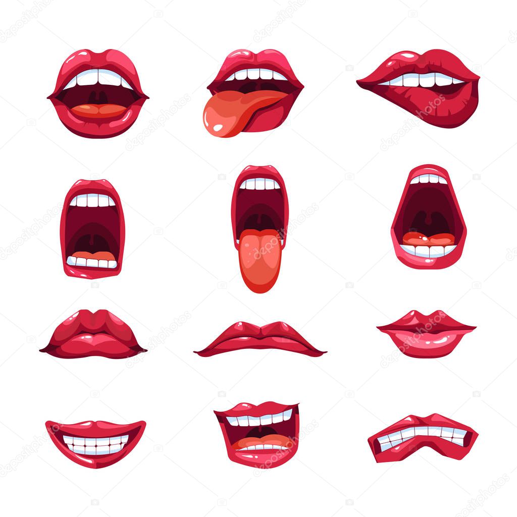 Mouth lips and tongue smile icons. Vector emoji or emoticon app icons or tongue out, kiss or lick flirting and yawn, sad and angry cry, lough and funny playful
