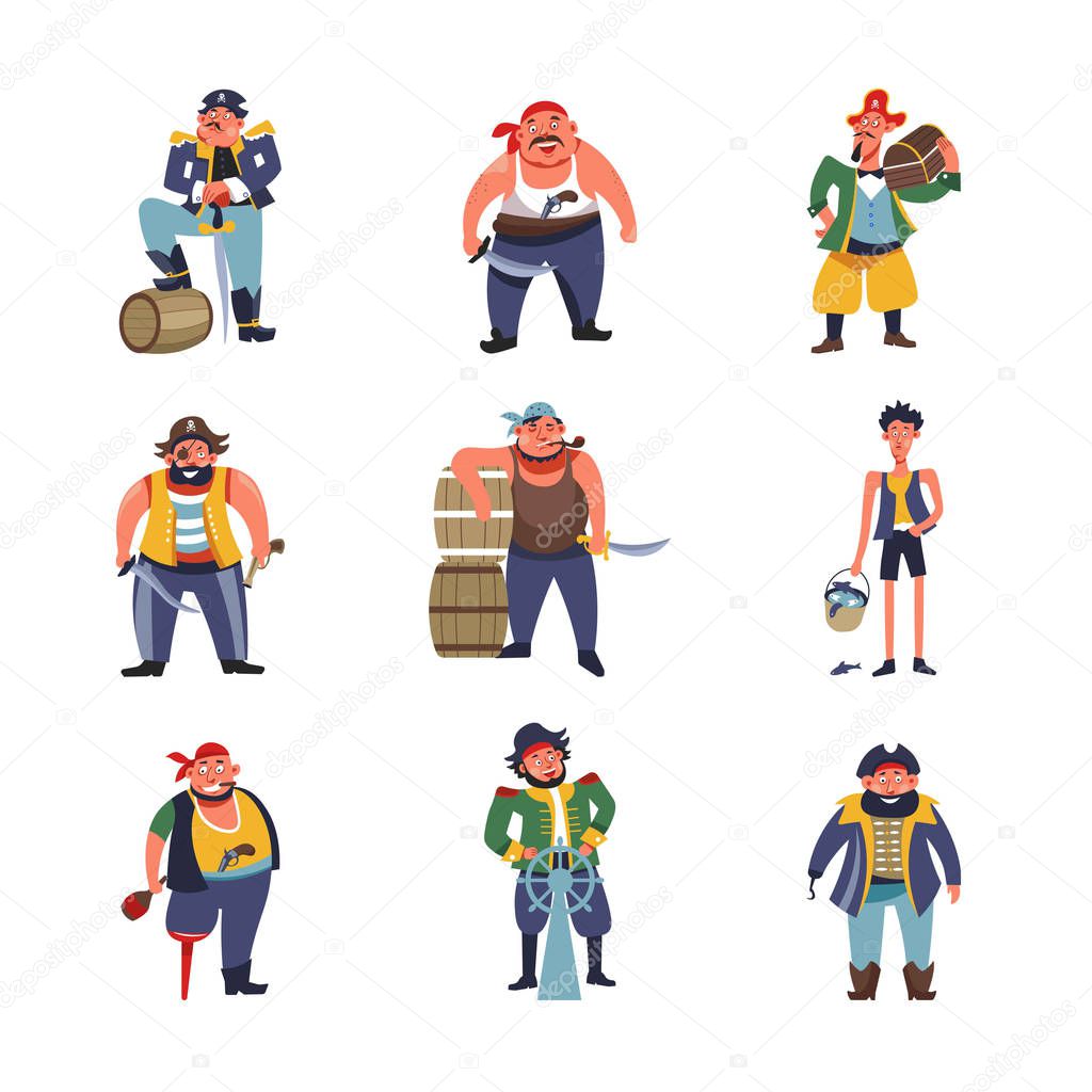 Pirates cartoon characters of captains with ship helm or sailor filibuster with gold money chest, frigate cabin boy and old man with wooden crutch leg