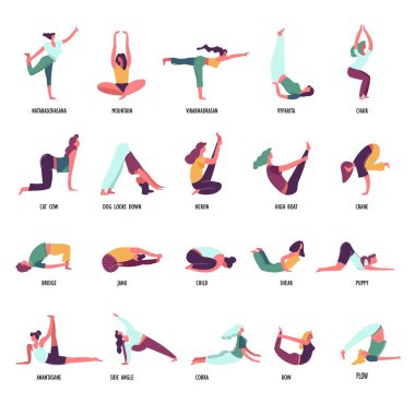 yoga pozlar asana vektör simgeler beyaz arka plan üzerinde ayarla