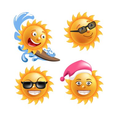 Güneş gülümsüyor veya yaz çizgi emoticons ve mutlu emoji yüzleri ifadelerle, vektör simgeler