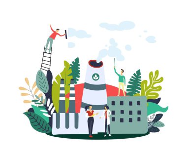 Gaz emisyonları azaltma insanlar ekoloji gezegen, vektör poster için bakım ve Eko fabrika