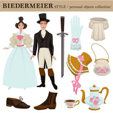 Vektör simgeler beyaz arka plan üzerinde erkek ve kadın giysi Biedermeier veya Avusturya ve Alman eski retro moda stil giysiler