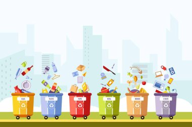 Cam ve plastik, kağıt ve metal, farklı kutulara, organik ve atık ayırma poster vektör