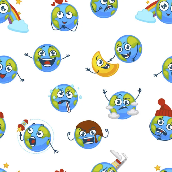 Tierra Planeta Expresando Emociones Emojis Patrón Vectorial Sin Fisuras — Vector de stock