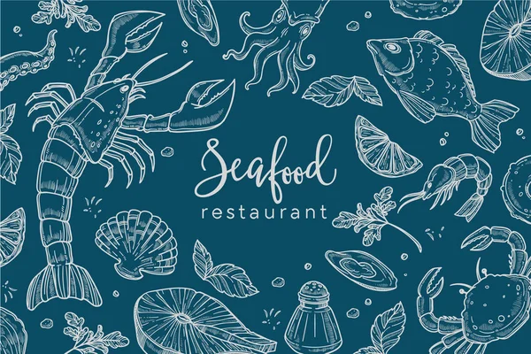 Meeresfrüchte Restaurant Skizze Poster Für Speisekarte Oder Tischvorlage — Stockvektor