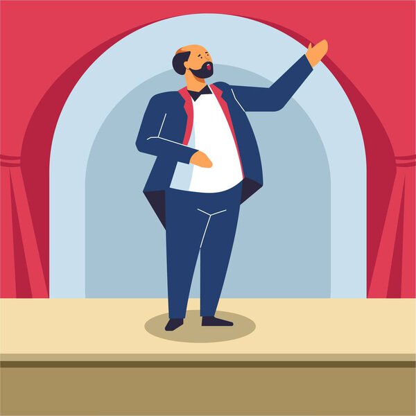 Man singing on opera stage or classical concert, vector poster